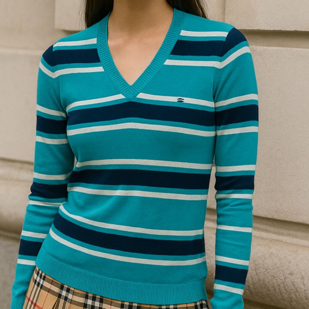 TOMMY HILFIGER - Teal and Navy V-Neck Sweater - XXS